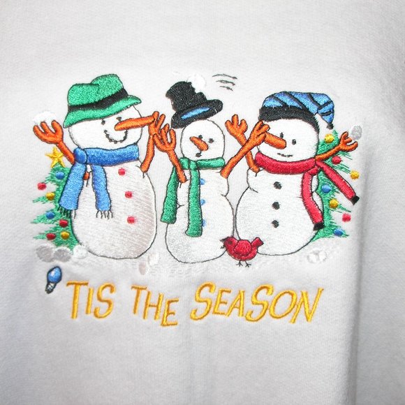 Adult XXL 54/56 Embroidered Snowman Hanes White Sweatshirt Tis The Season - Picture 2 of 10